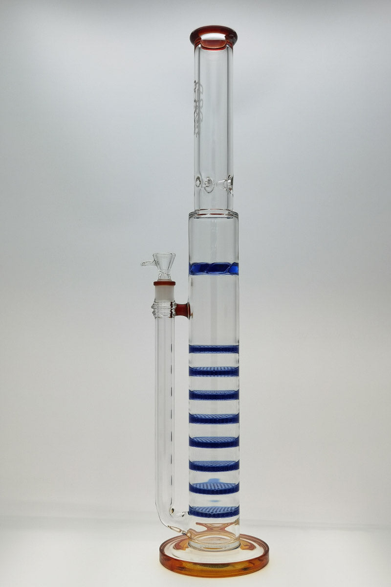 Thick Ass Glass 27" Quartz Bong front view with blue honeycomb percs and spinning guard