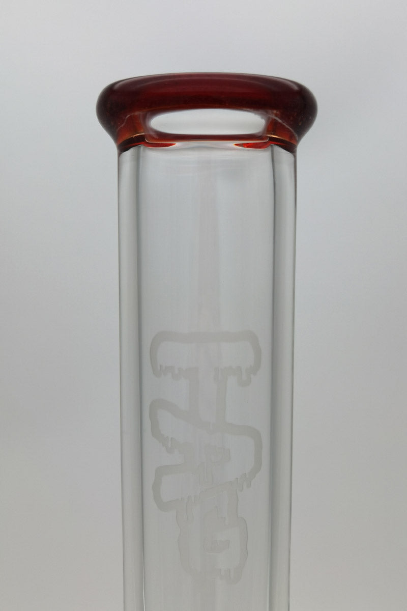 Close-up of Thick Ass Glass 27" Quartz Bong with red accents, showcasing octuple honeycomb detail.