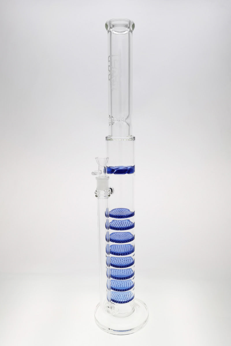 Thick Ass Glass 27" Quartz Bong with Blue Honeycomb Discs, Front View on White Background