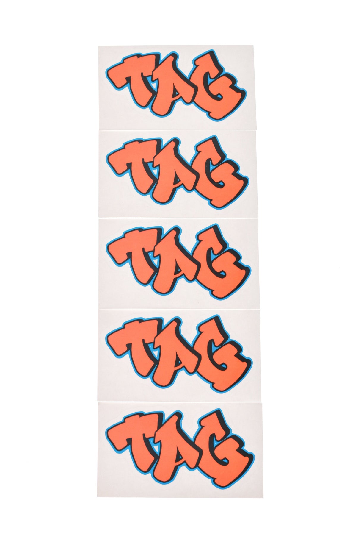 TAG Graffiti Orange Label Stickers 5-Pack on White Background, Vertical View