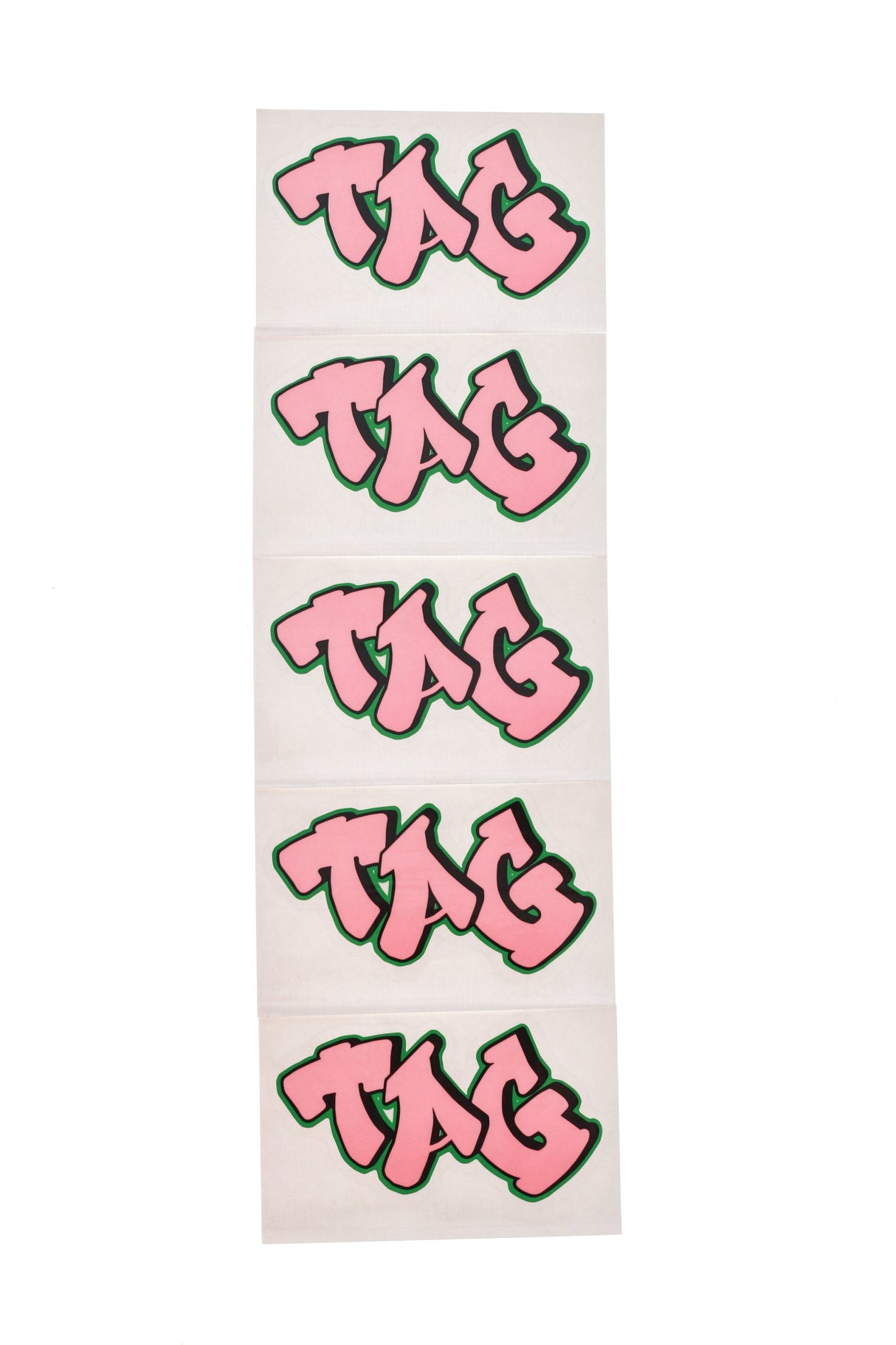 TAG 5-pack graffiti label stickers in pink on white background, vertical display