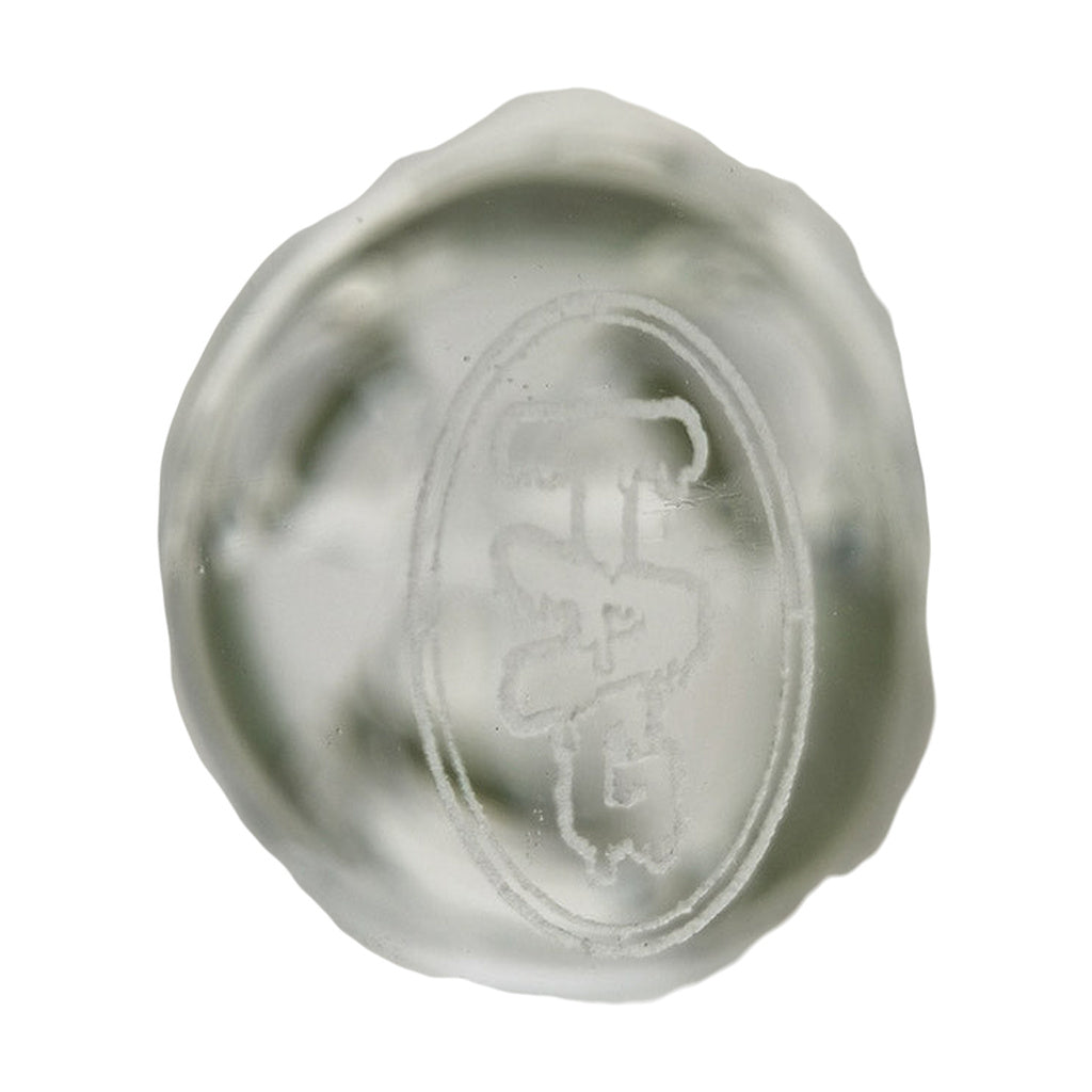 Close-up view of the Thick Ass Glass logo on the 30" Rasta Beaker Bong's heavy wall