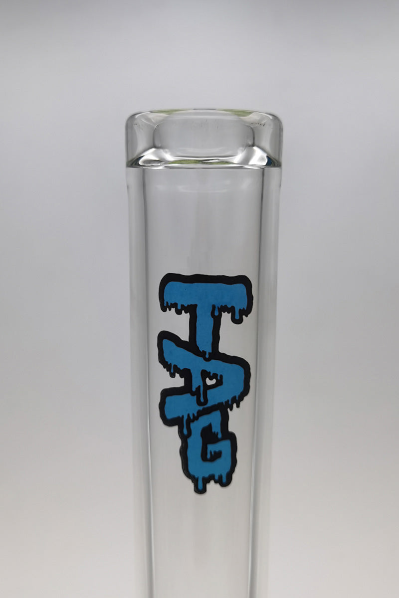TAG 30" Straight Tube Bong, 65x7MM, Thick Ass Glass Logo, Front View on Seamless White