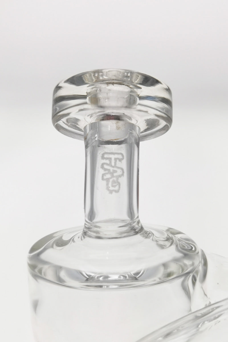 Close-up of TAG Mini Inline Recycler Dab Rig's 10MM Female Joint, clear glass detail