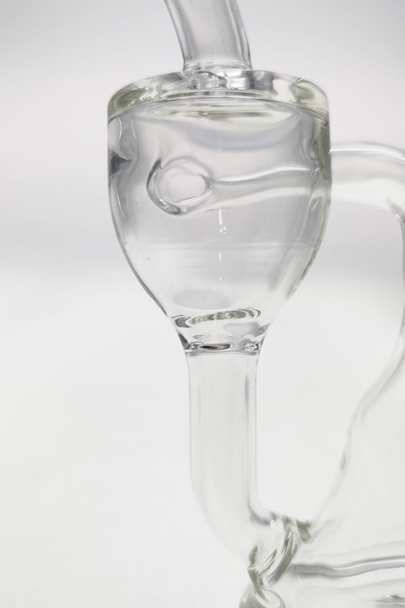 Close-up of TAG 4.5" Mini Inline Recycler Dab Rig with clear glass and 10MM Female Joint