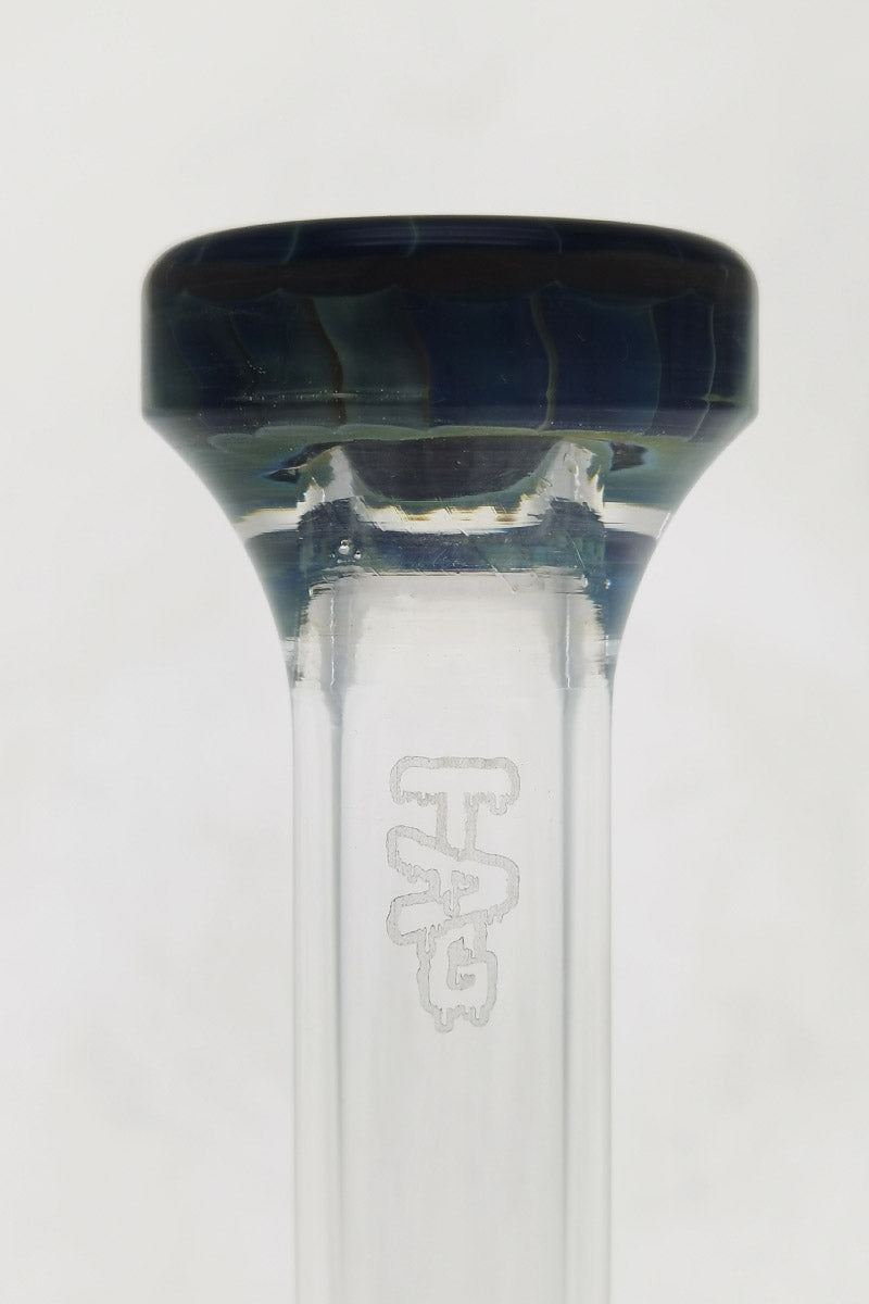 Close-up of TAG 6" Fixed Showerhead Puck Pyramid Rig with 14MM Male Joint