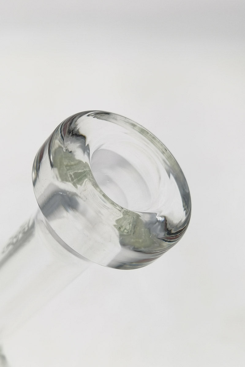 Close-up of TAG 6" Fixed Showerhead Puck Pyramid Rig's 14MM Male joint with clear glass