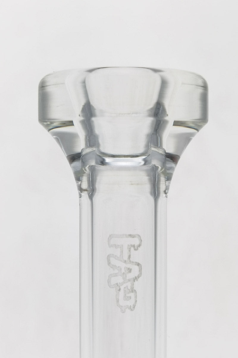 TAG 6" Fixed Showerhead Puck Pyramid Rig close-up showcasing 14MM Male joint and logo