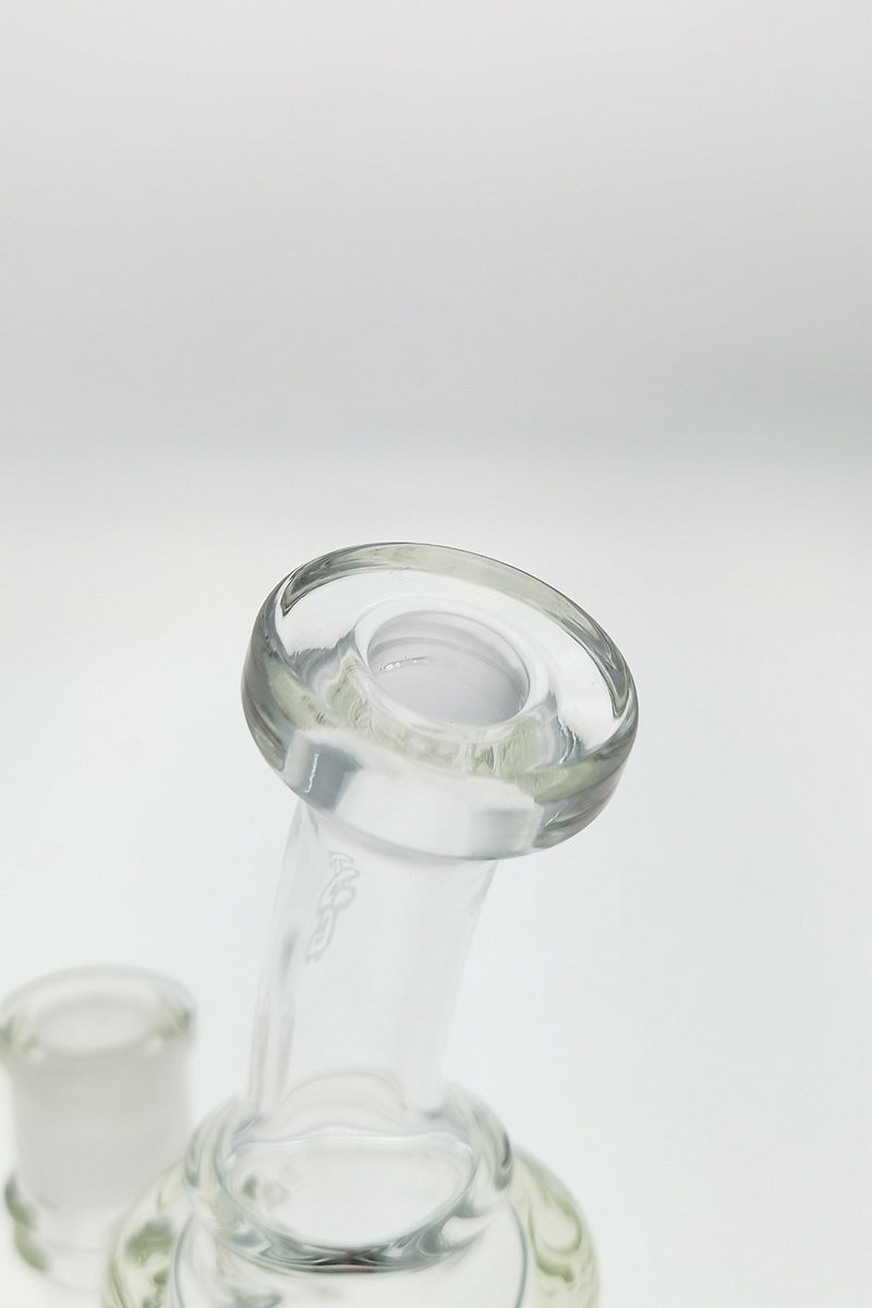 Close-up of TAG 6.5" Bent Neck Bong with 12-Arm Diffuser and Bellow Base on White Background
