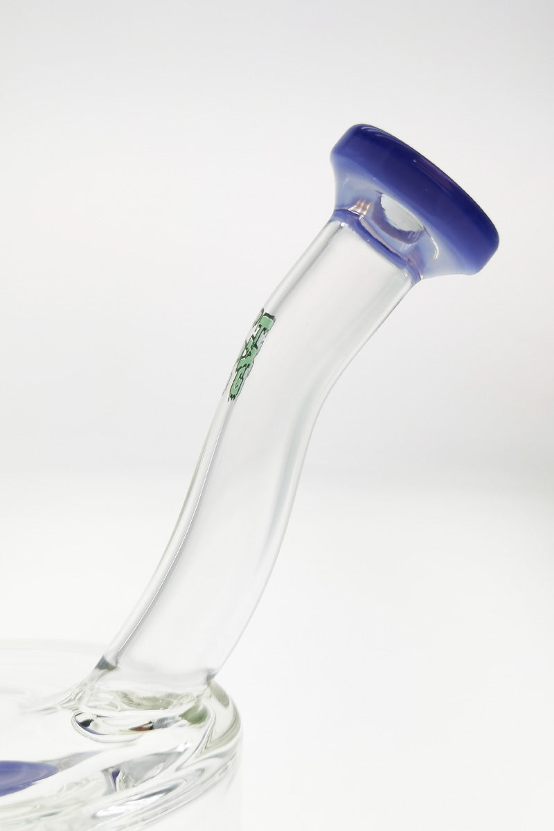 TAG 6.5" Super Slit Froth Puck Rig with blue accents and clear glass, side view on white background