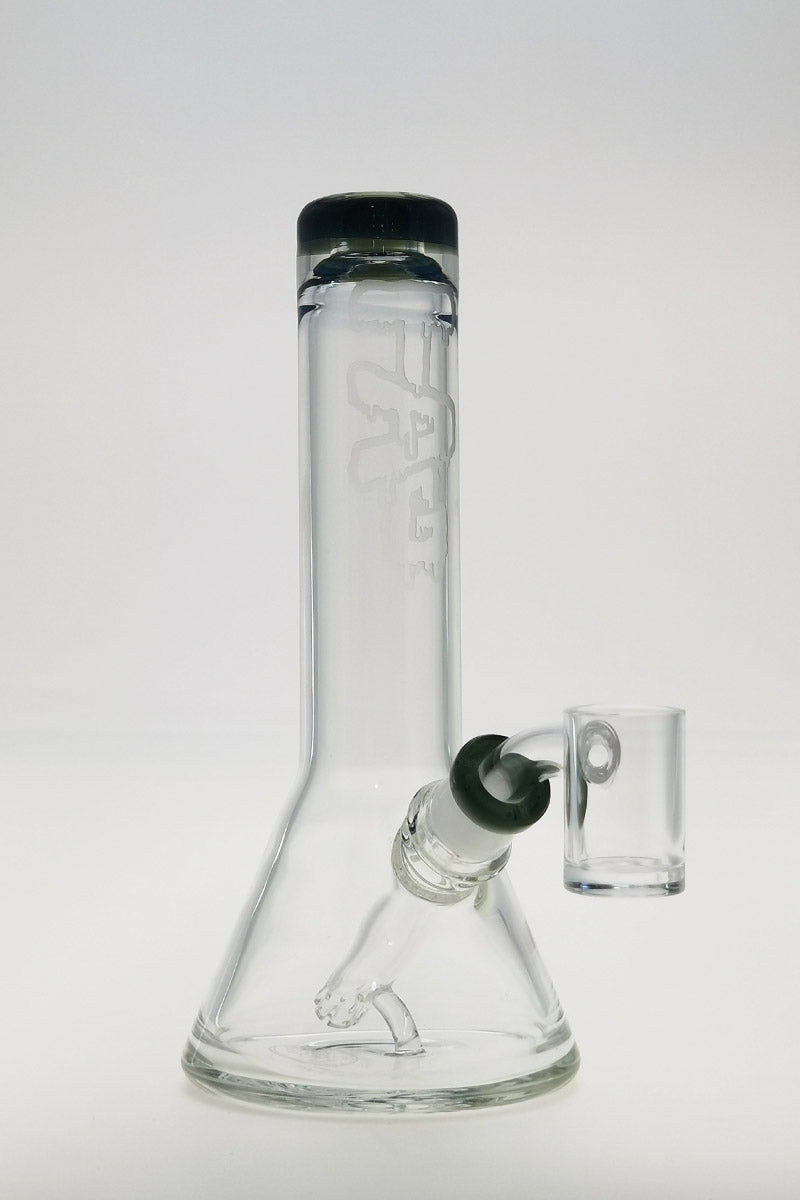 Thick Ass Glass 7" Quartz Beaker Dab Rig, Fixed Showerhead Downstem, Front View on White