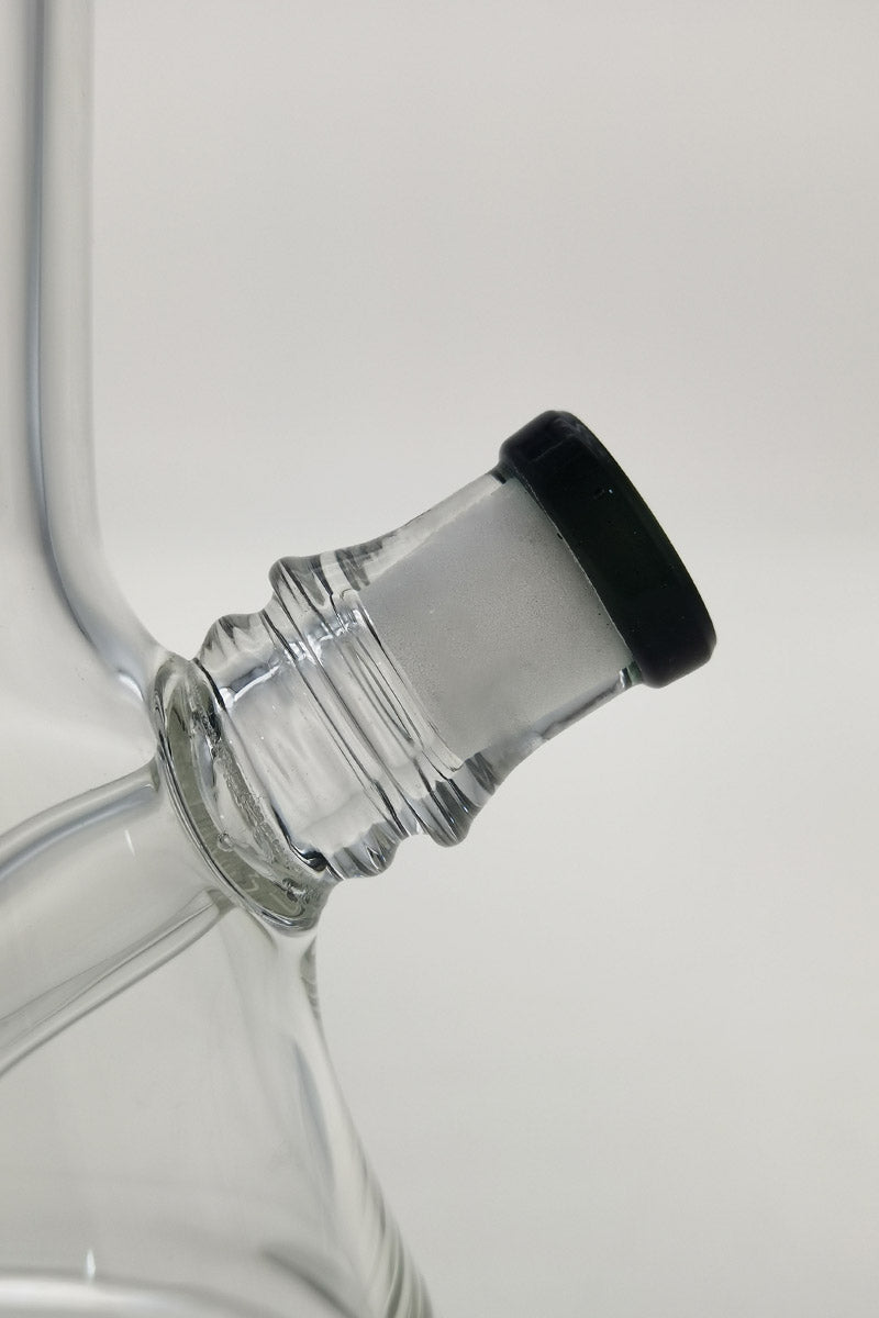 Close-up of Thick Ass Glass 7" Quartz Beaker with 10mm Female Joint and Showerhead Downstem