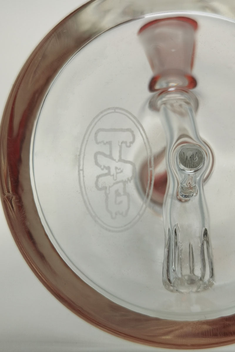Close-up of TAG 7" Beaker with Fixed Showerhead Downstem, 10MM Female Joint, and Thick Glass