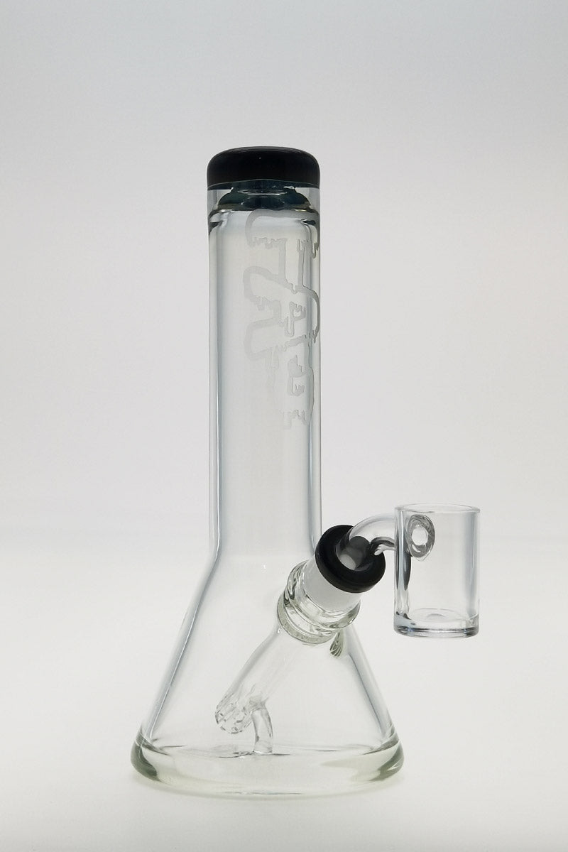 Thick Ass Glass 7" Quartz Beaker Dab Rig, Showerhead Downstem, Front View on White