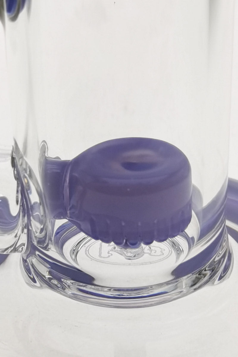 Close-up view of Thick Ass Glass 7" Quartz Rig with Bent Neck and Purple Showerhead Diffuser