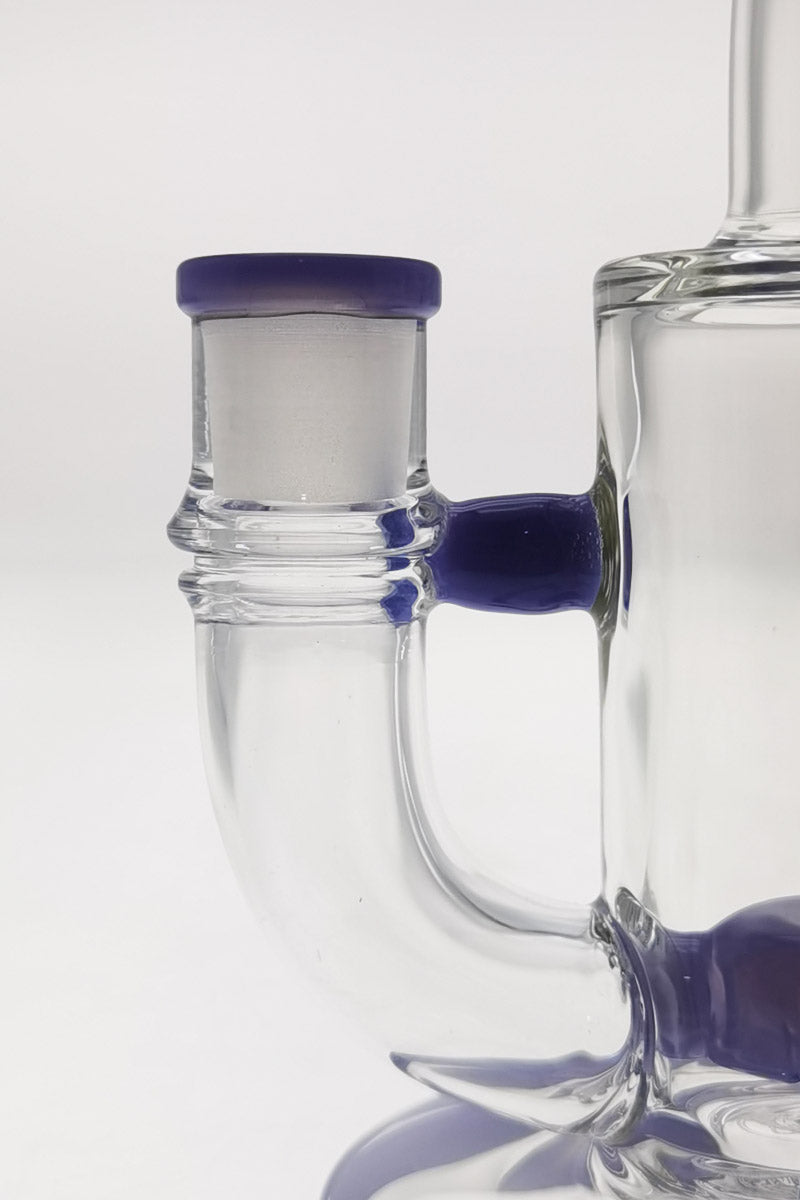 Close-up side view of TAG 7" Bent Neck Dab Rig with Fixed Showerhead Puck Diffuser, 14MM Female joint