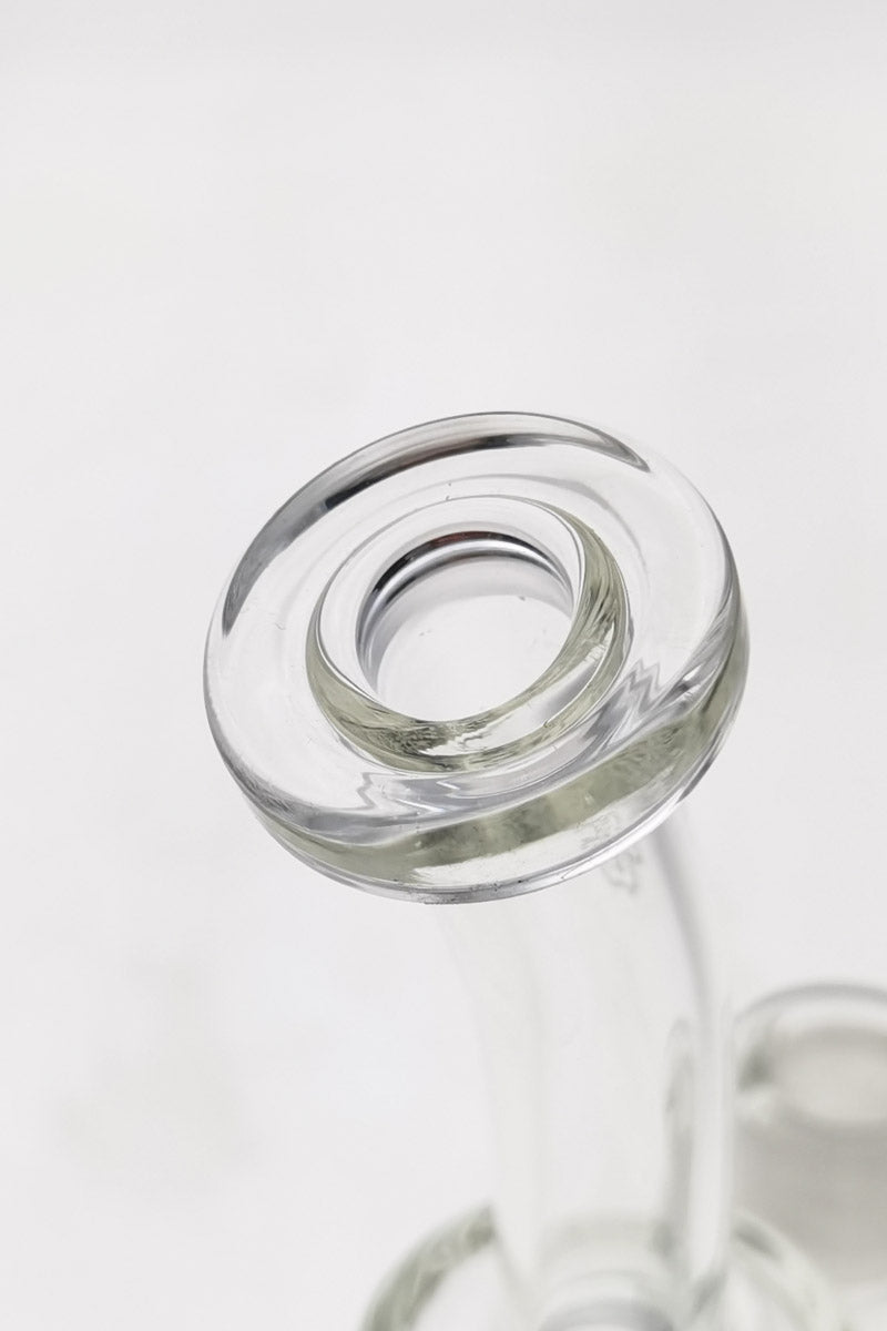 Close-up of TAG Quartz Bent Neck Rig top with 14MM Female Joint and Clear Glass
