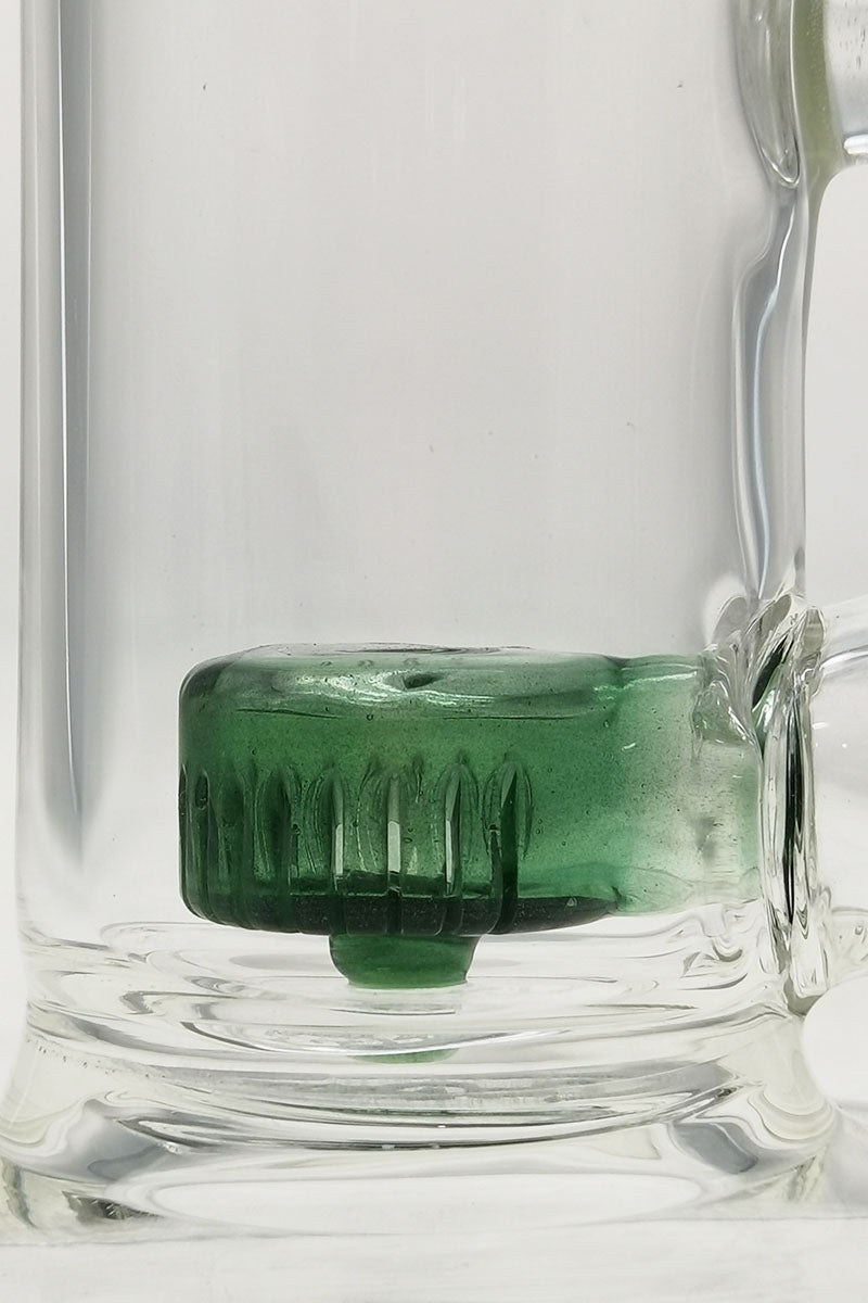 Close-up view of Thick Ass Glass 7" Quartz Bent Neck Rig with green Showerhead Diffuser