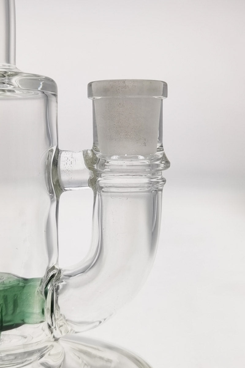 TAG 7" Bent Neck Dab Rig with Fixed Showerhead Puck Diffuser, 14MM Female Joint, Close-up Side View
