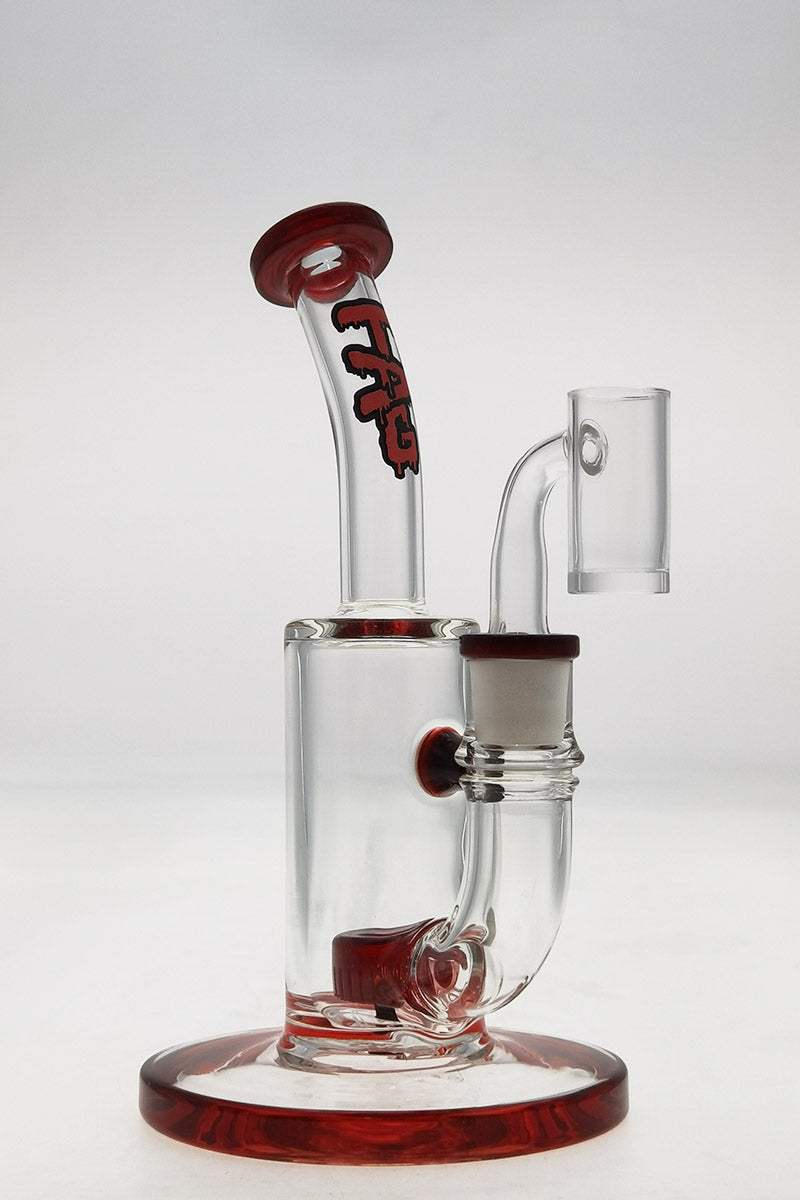 Thick Ass Glass 7" Quartz Bent Neck Rig, Showerhead Diffuser, 14mm Female Joint, Clear with Red Accents