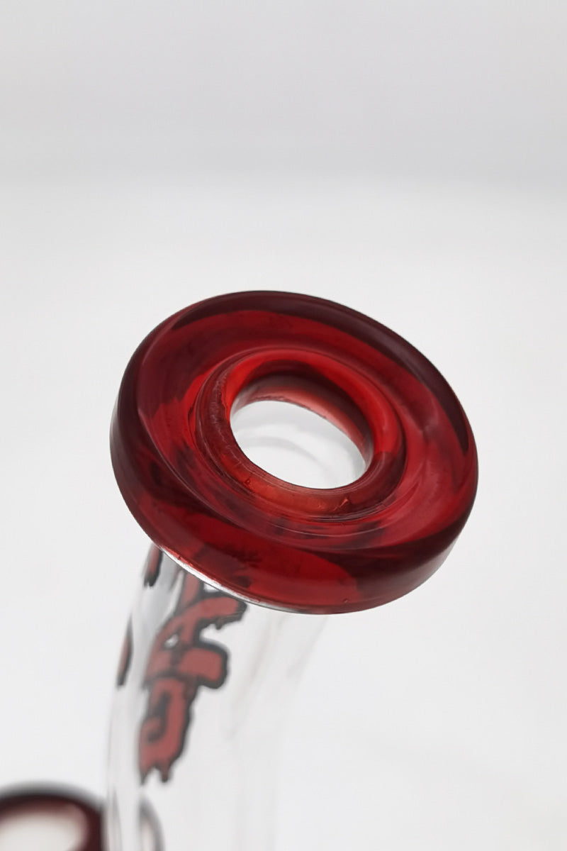Close-up of TAG 7" Bent Neck Dab Rig with Red Accents and Fixed Showerhead Diffuser