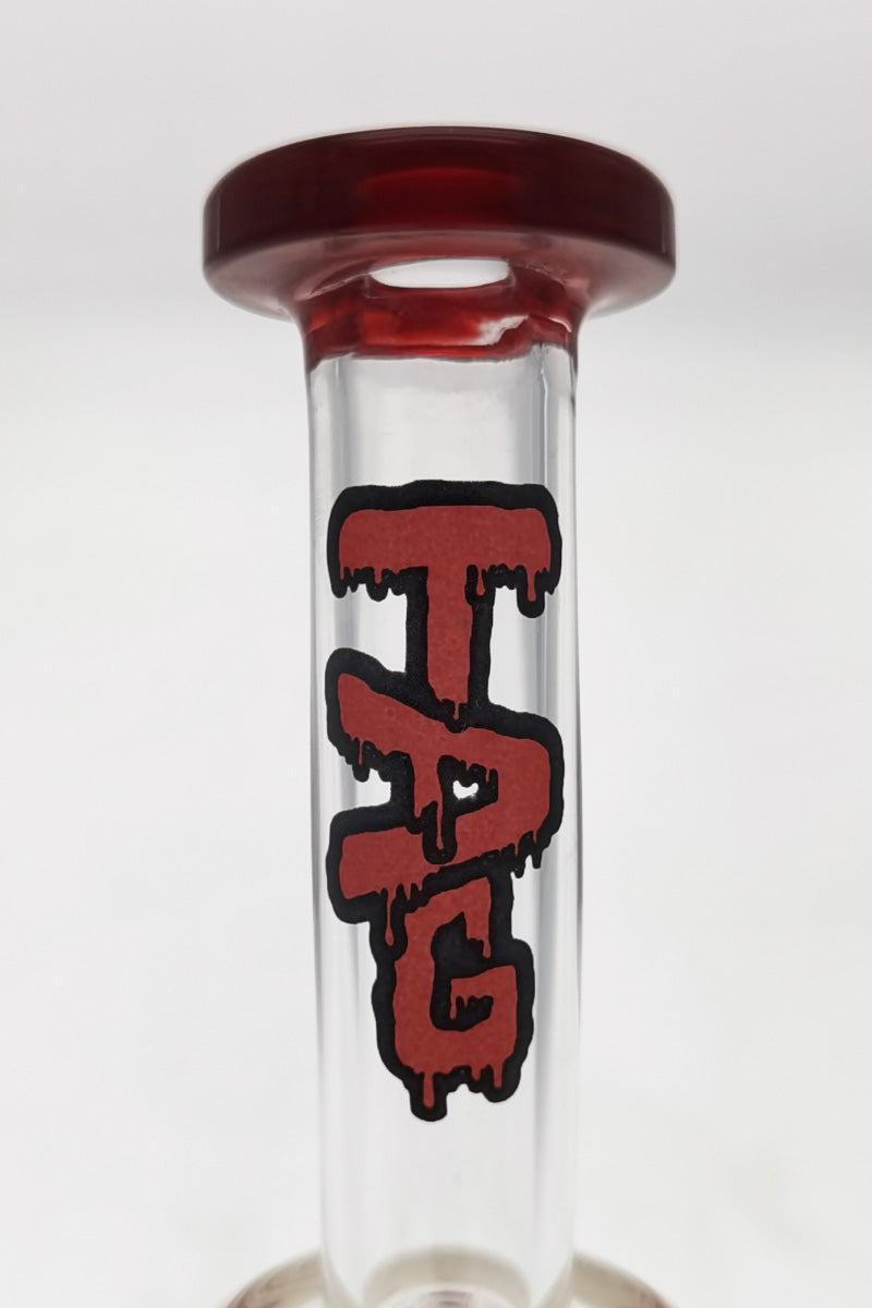 Close-up of Thick Ass Glass Quartz Dab Rig with Red Logo and Bent Neck Design