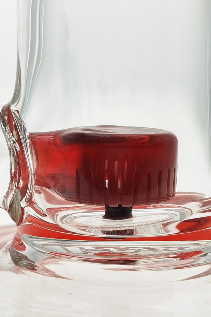 Close-up of TAG 7" Bent Neck Dab Rig with Fixed Showerhead Puck Diffuser in Red