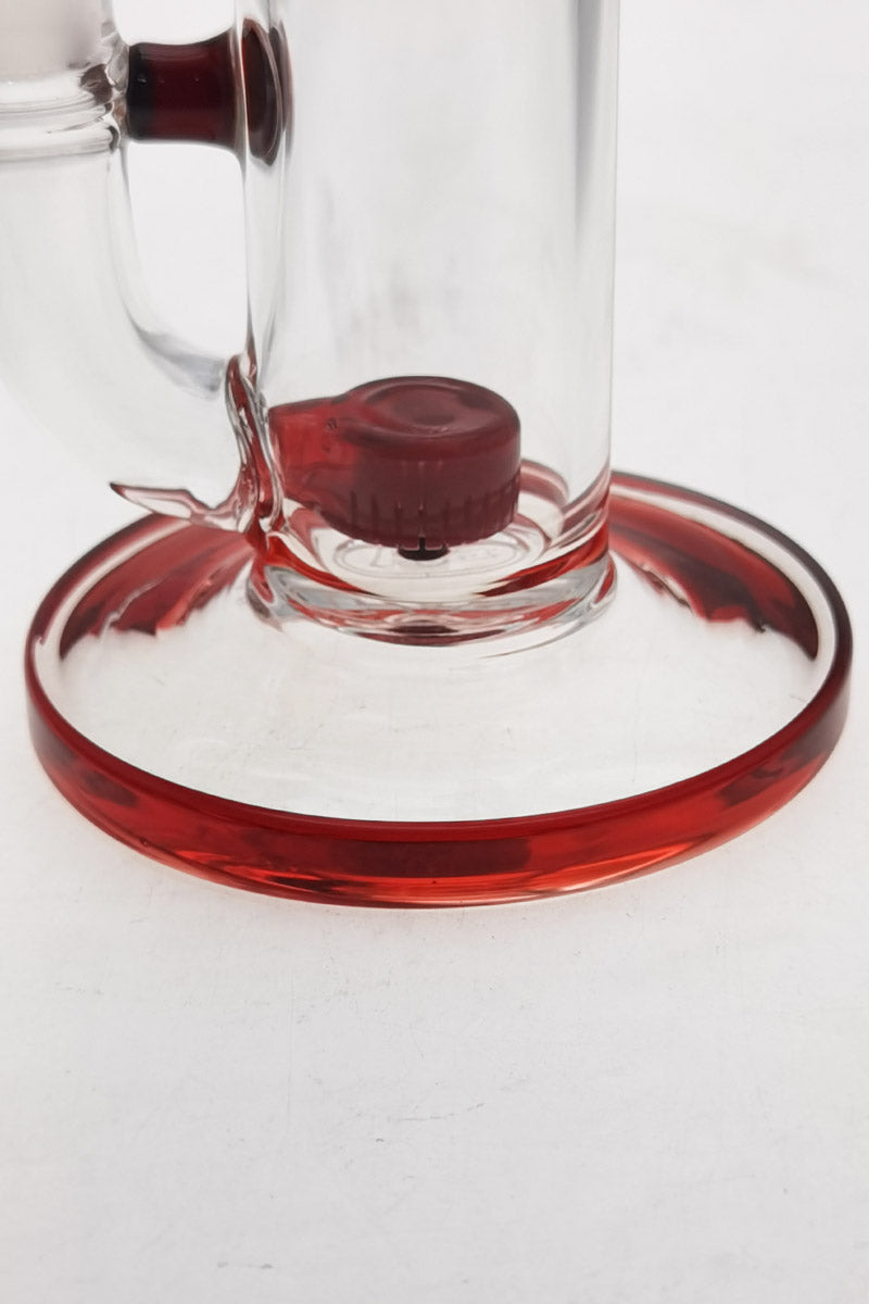 Close-up of TAG 7" Bent Neck Dab Rig with Red Showerhead Puck Diffuser Base, 14MM Female