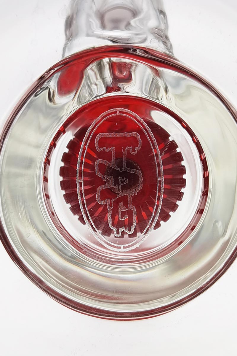 Close-up of TAG 7" Bent Neck Dab Rig with Red Showerhead Puck Diffuser, 14MM Female Joint