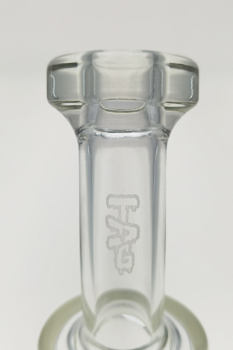 TAG 8" Bent Neck Bong Close-Up, 14MM Female Joint with Inline Diffuser, 4mm Thick Glass