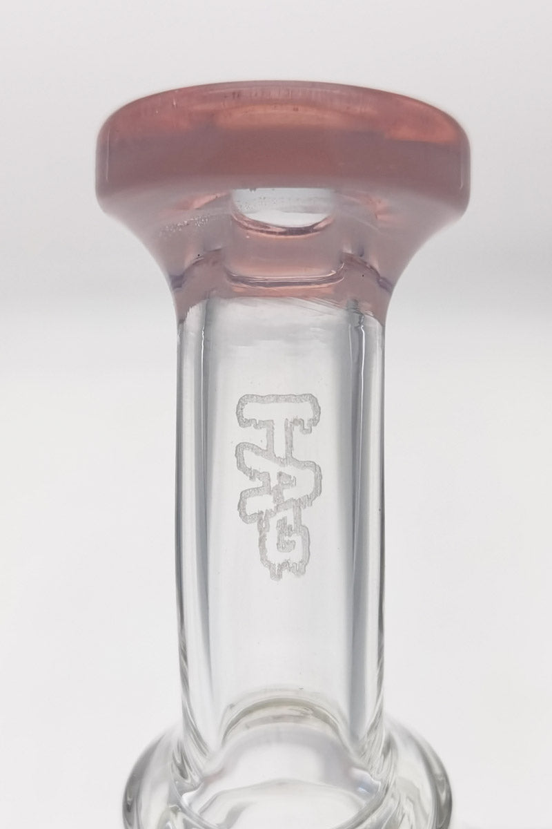 TAG 8" Recycler Dab Rig Close-Up of Inline Diffuser and Logo on Seamless White