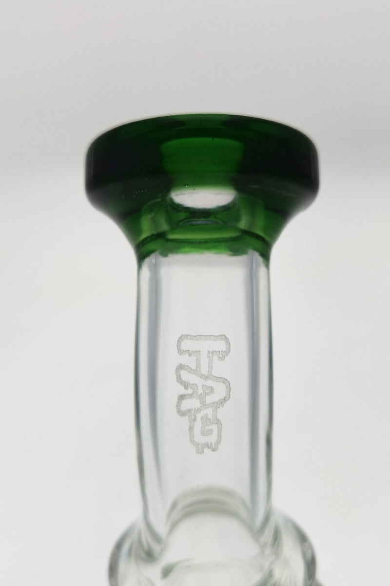 Close-up of Thick Ass Glass 8" Recycler Dab Rig's 14MM Female Joint with Inline Diffuser