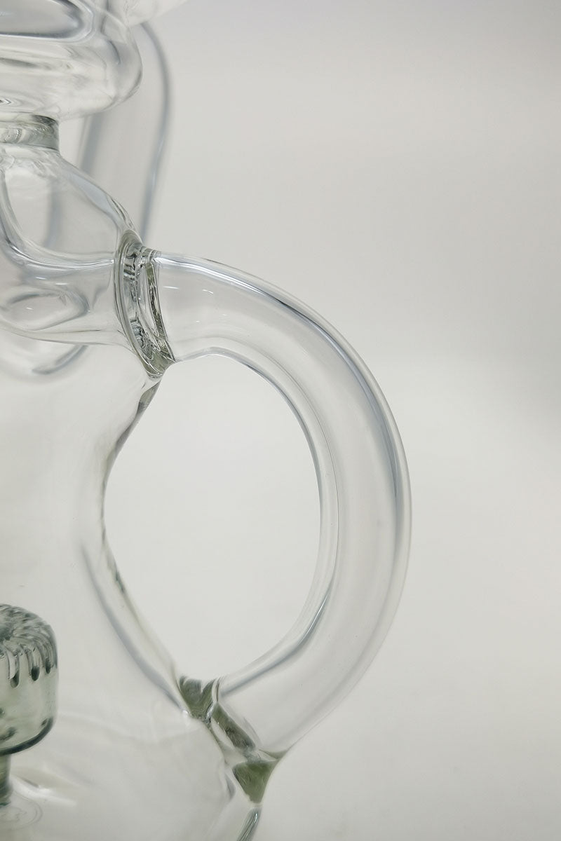 Close-up of Thick Ass Glass 8" Bent Neck Dab Rig with intricate Super Slit Puck Diffuser
