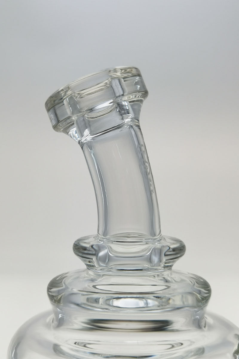 Close-up of Thick Ass Glass 8" Bent Neck Dab Rig with Super Slit Puck Diffuser, Clear Glass