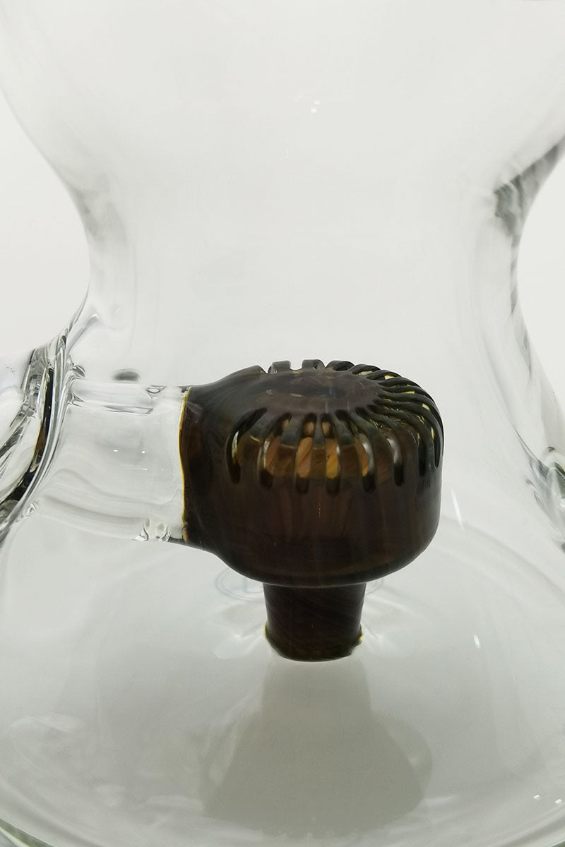 Close-up view of TAG 8" Bent Neck Dab Rig's Super Slit Puck Diffuser with 14mm Female Joint