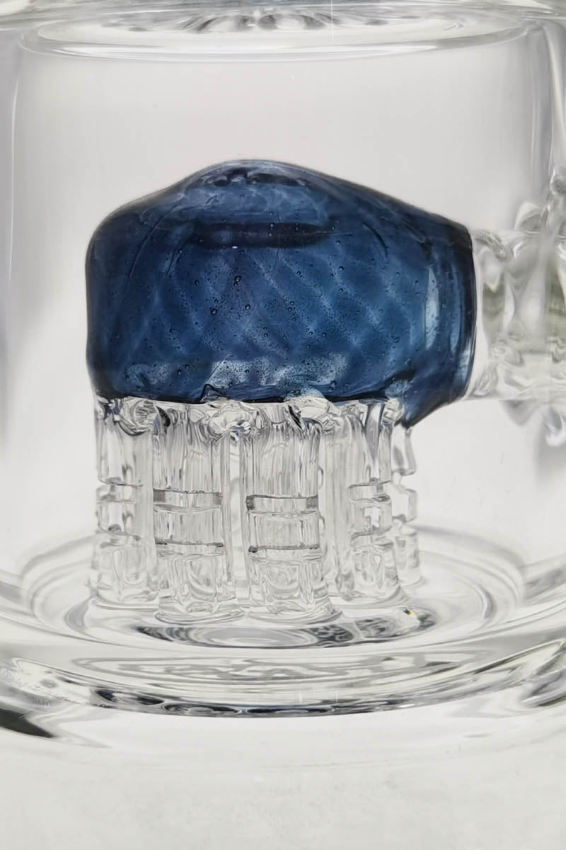 Close-up view of TAG 8.5" Bent Neck Dab Rig with Double 6-Arm Tree Percolator in clear borosilicate glass