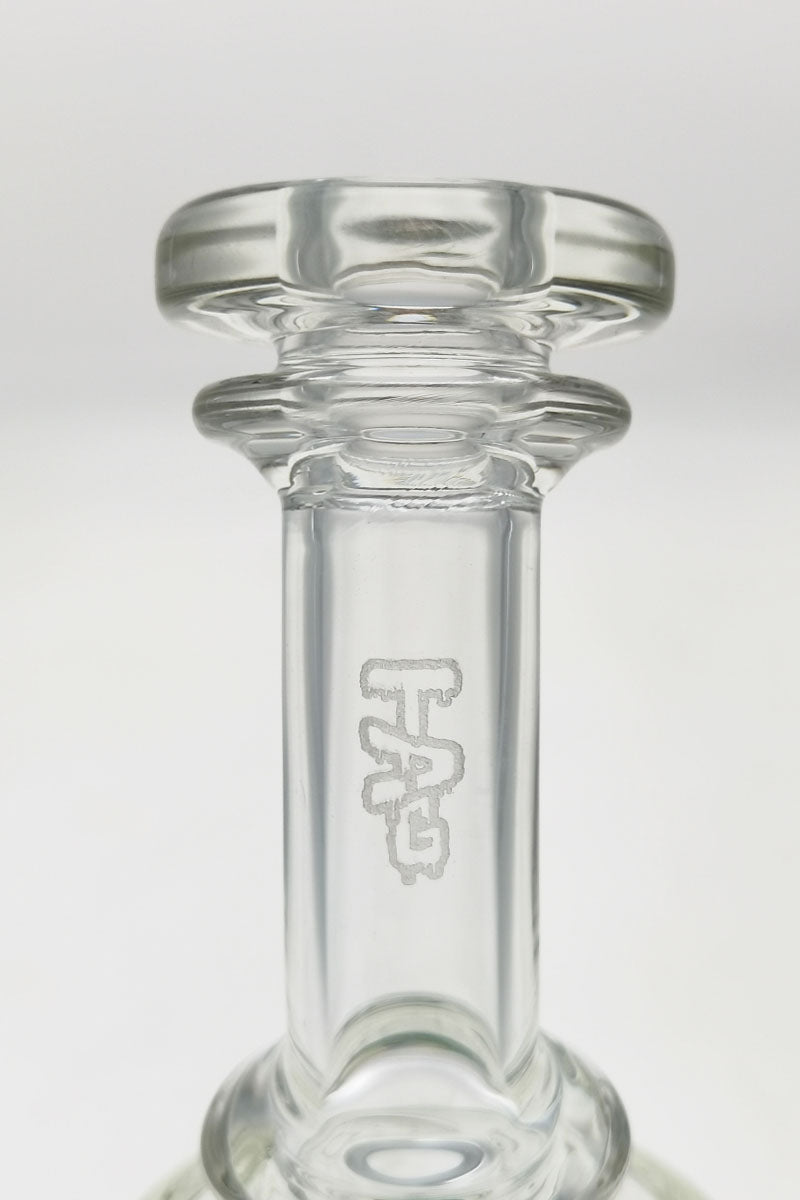 Close-up view of Thick Ass Glass 8.5" Bent Neck Dab Rig's 14MM Female Joint and logo