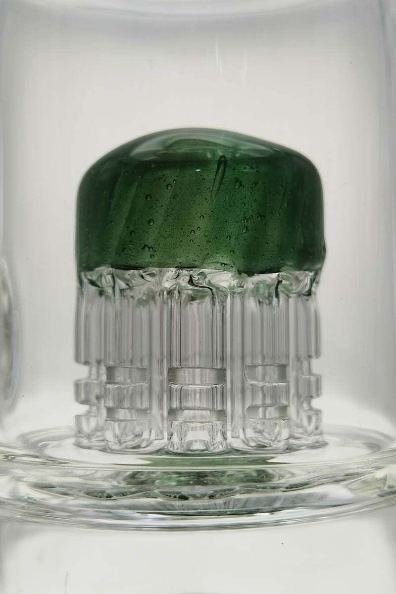 Close-up of TAG 8.5" Bent Neck Dab Rig with Double 6-Arm Tree Percolator in Clear Glass