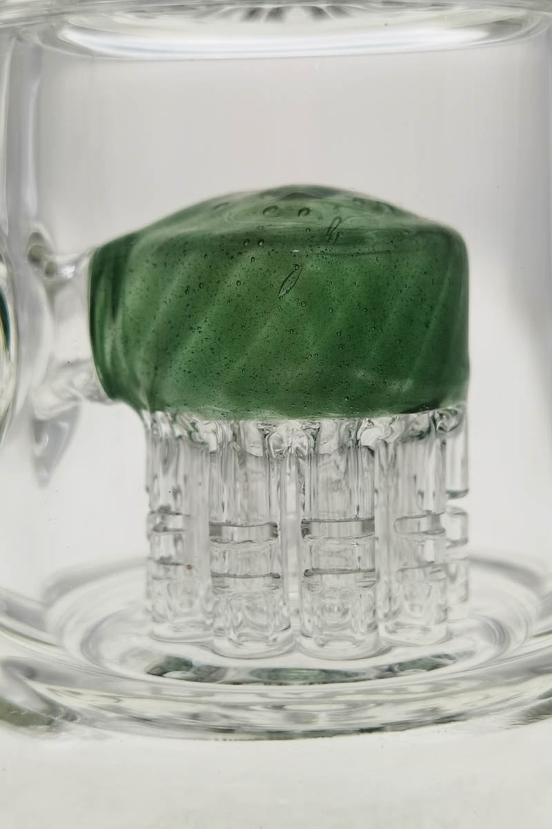 Close-up of TAG 8.5" Bent Neck Dab Rig with Double 6-Arm Tree Percolator in Clear Borosilicate Glass