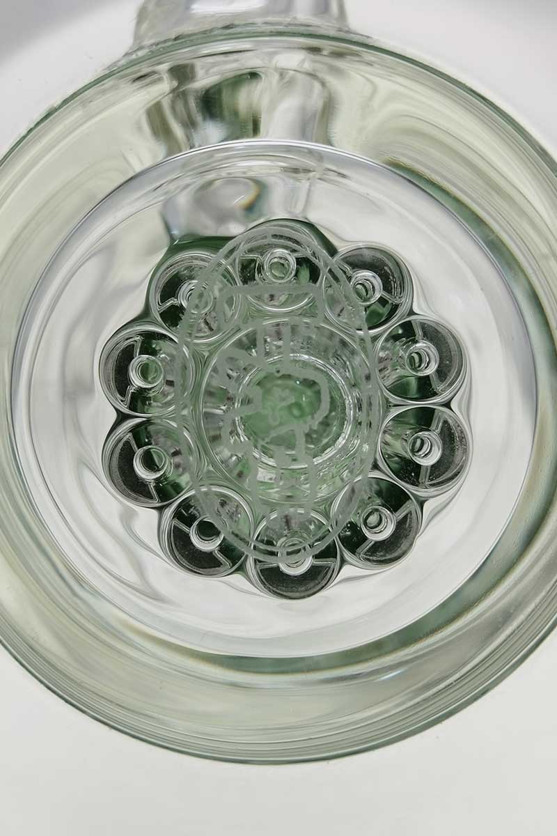 Close-up top view of Thick Ass Glass 8.5" Bent Neck Dab Rig with intricate double 6-arm tree percolators.