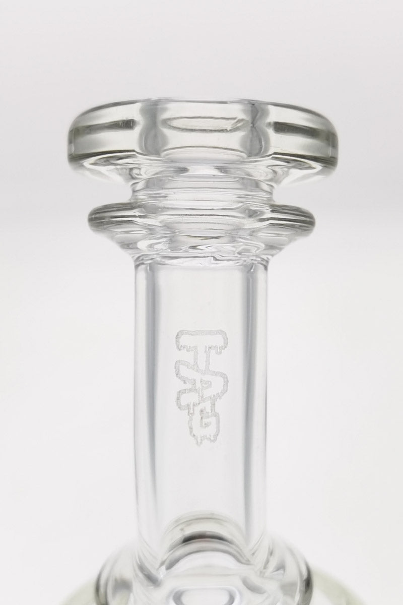 Close-up view of Thick Ass Glass 8.5" Bent Neck Dab Rig's 14MM Female Joint with logo detailing