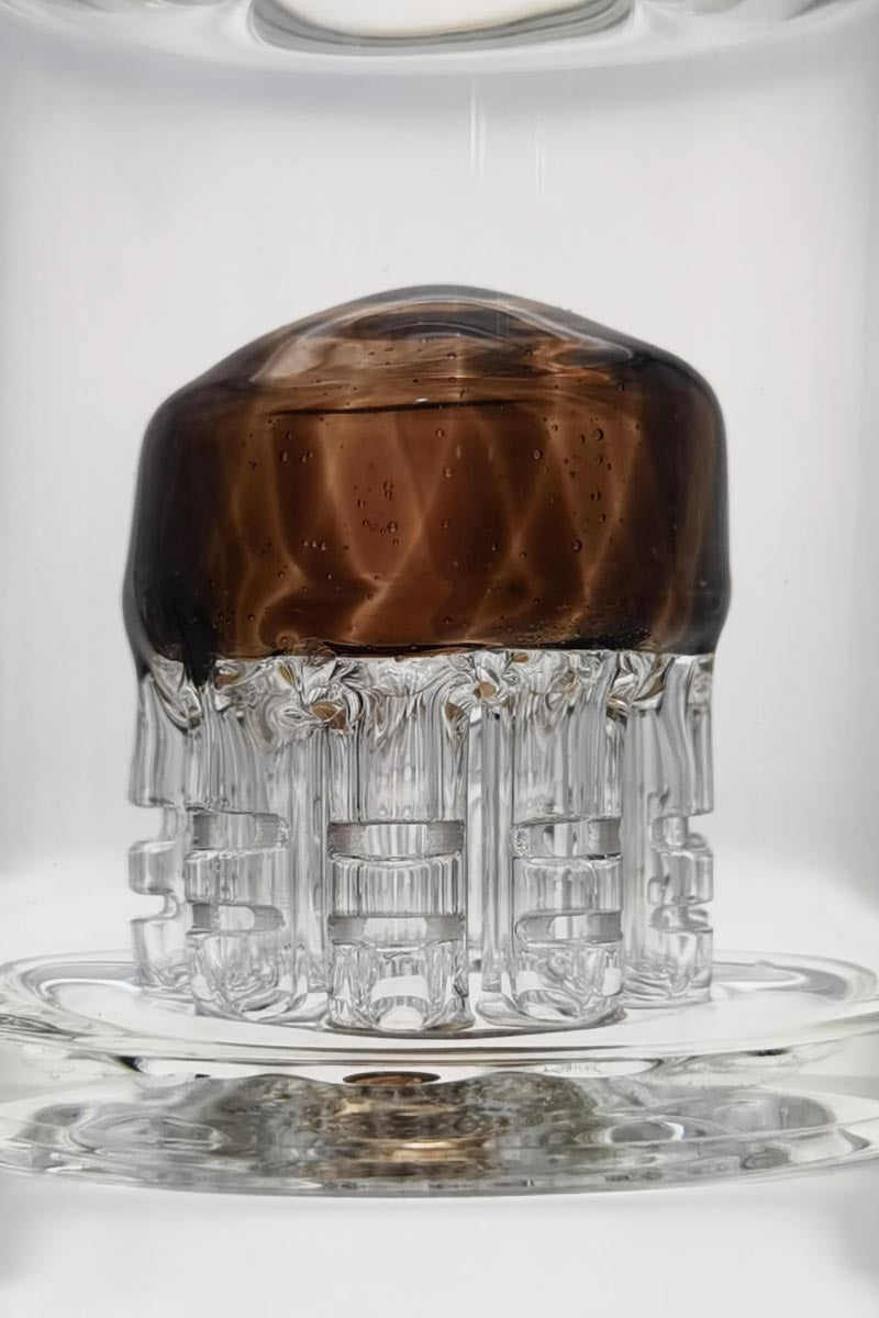 Close-up of TAG 8.5" Bent Neck Dab Rig with Double 6-Arm Tree Percolator in clear borosilicate glass