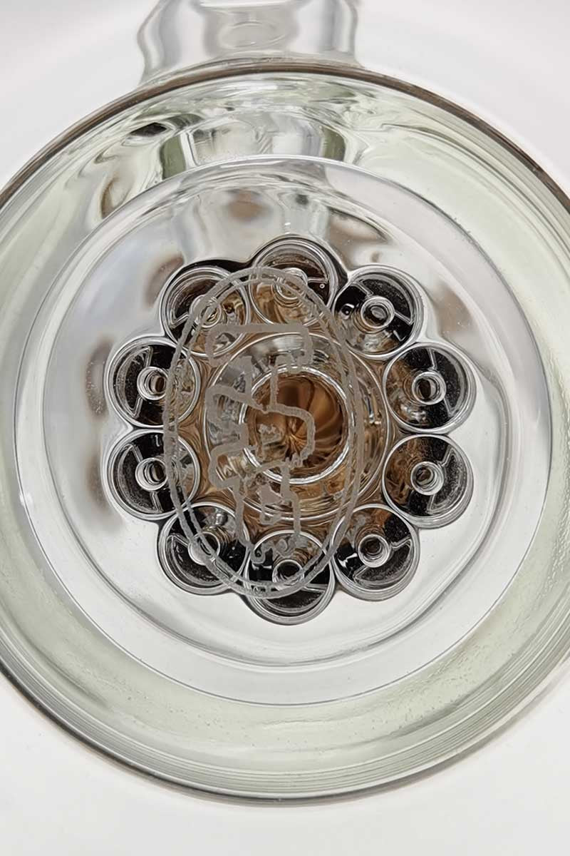 Close-up top view of Thick Ass Glass 8.5" Bent Neck Dab Rig with Double 6-Arm Tree Perc