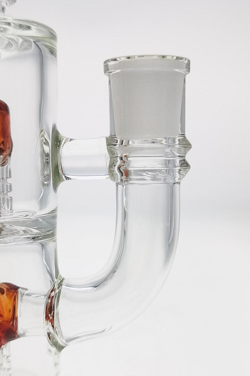TAG Bent Neck Dab Rig with Double 6-Arm Tree Percolator, 14MM Female Joint, Clear Borosilicate Glass, Side View