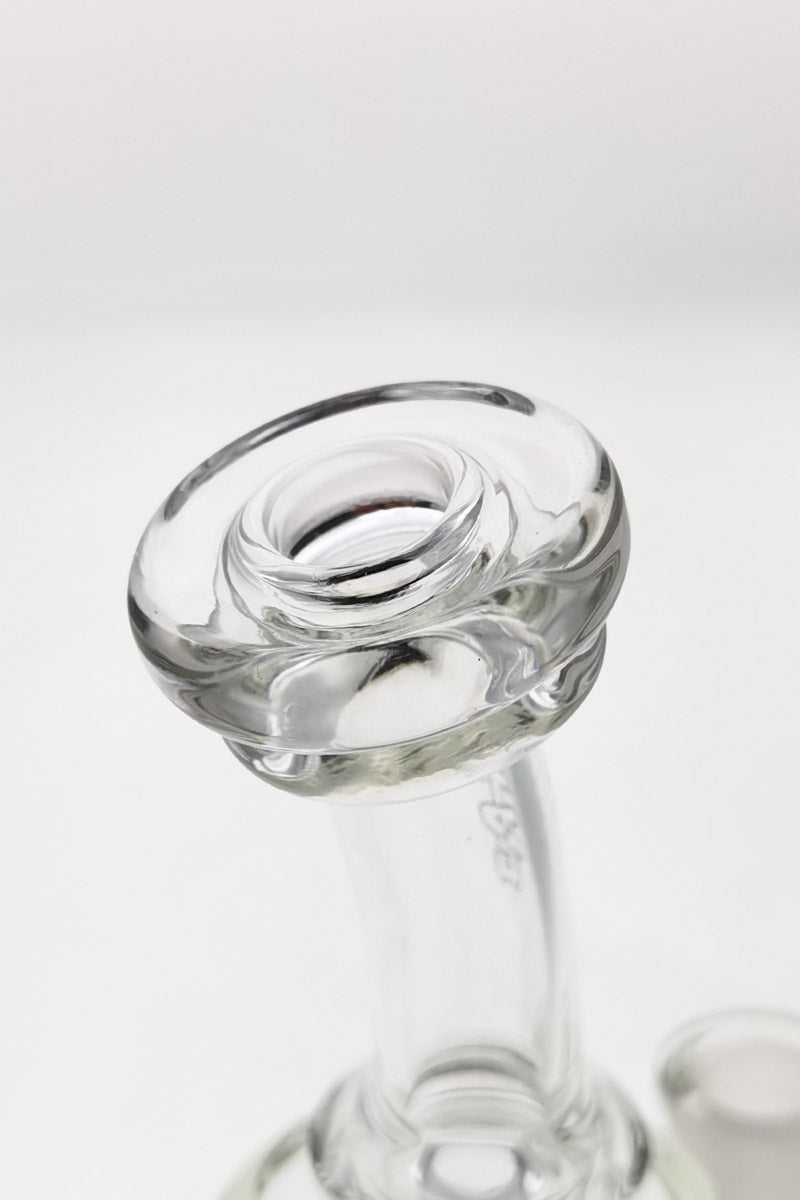Close-up view of TAG 8.5" Bent Neck Dab Rig with Double 6-Arm Tree Percolator in Borosilicate Glass