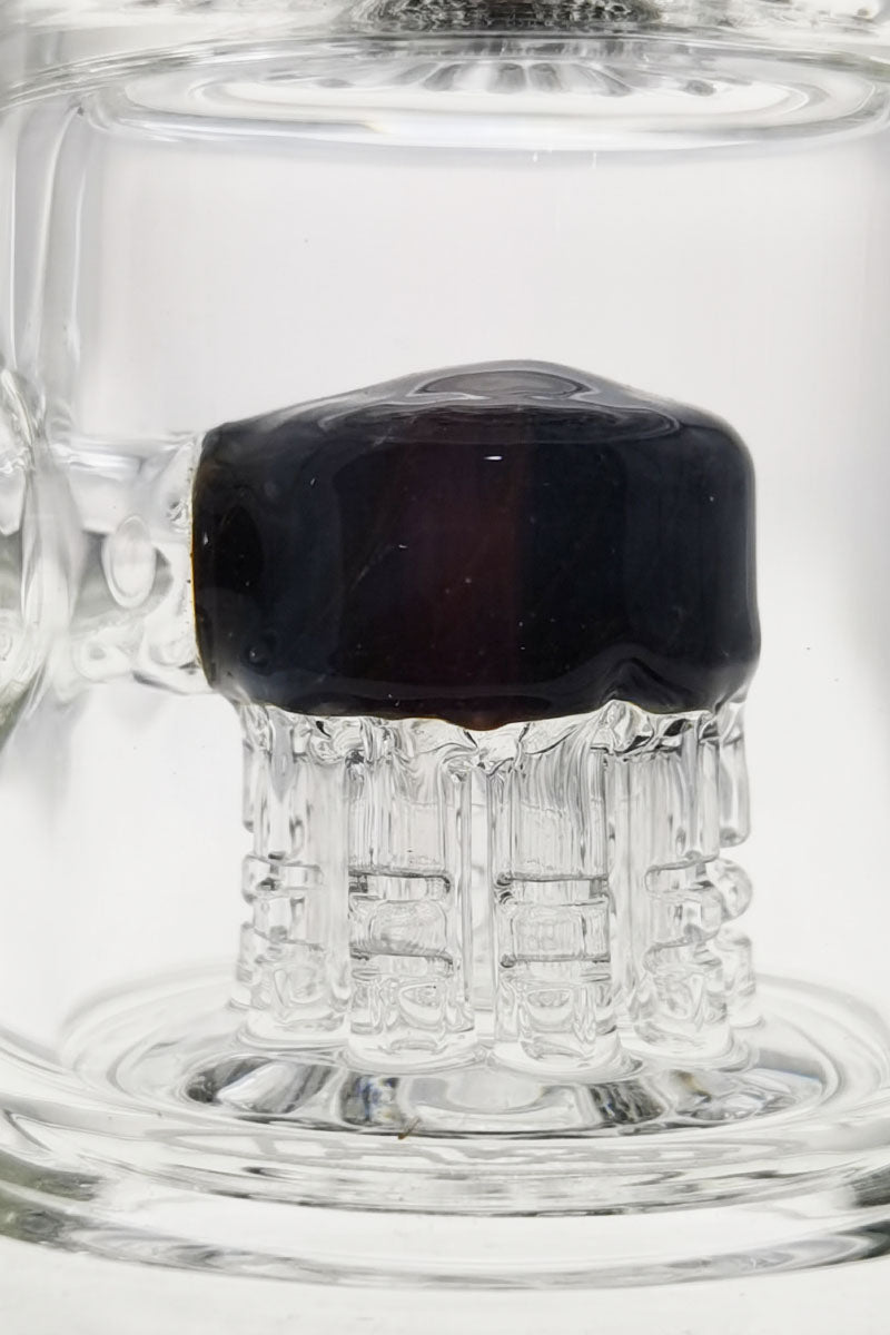 Close-up of TAG Bent Neck Dab Rig with Double 6-Arm Tree Percolator in Clear Borosilicate Glass