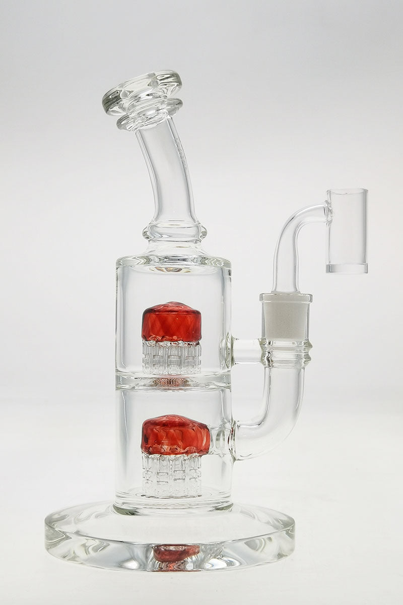 Thick Ass Glass 8.5" Dab Rig with Bent Neck and Double Red 6-Arm Tree Percs, Clear Glass, Front View