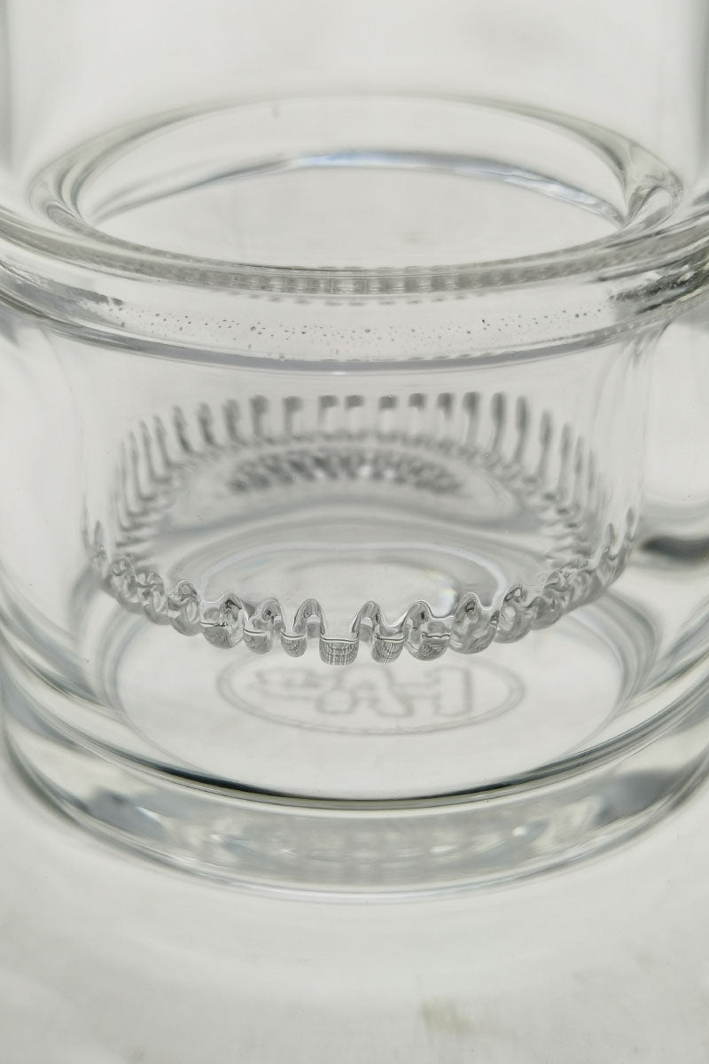 Close-up of TAG bent neck dab rig with interior showerhead percolator and 14MM female joint