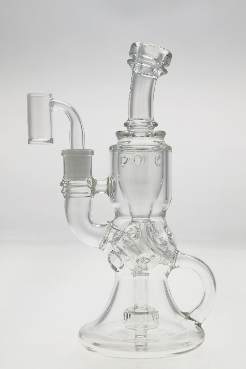 Thick Ass Glass 9.5" Faberge Egg Klein Recycler, Clear Glass, 14MM Female Joint, Angled View