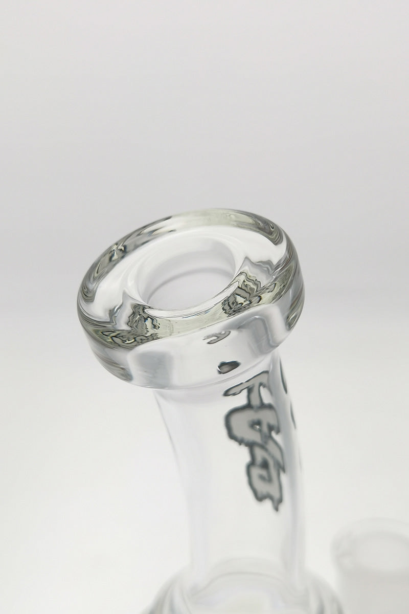 Close-up of TAG 9.5" Showerhead Froth Diffuser Bong's mouthpiece, clear glass with logo